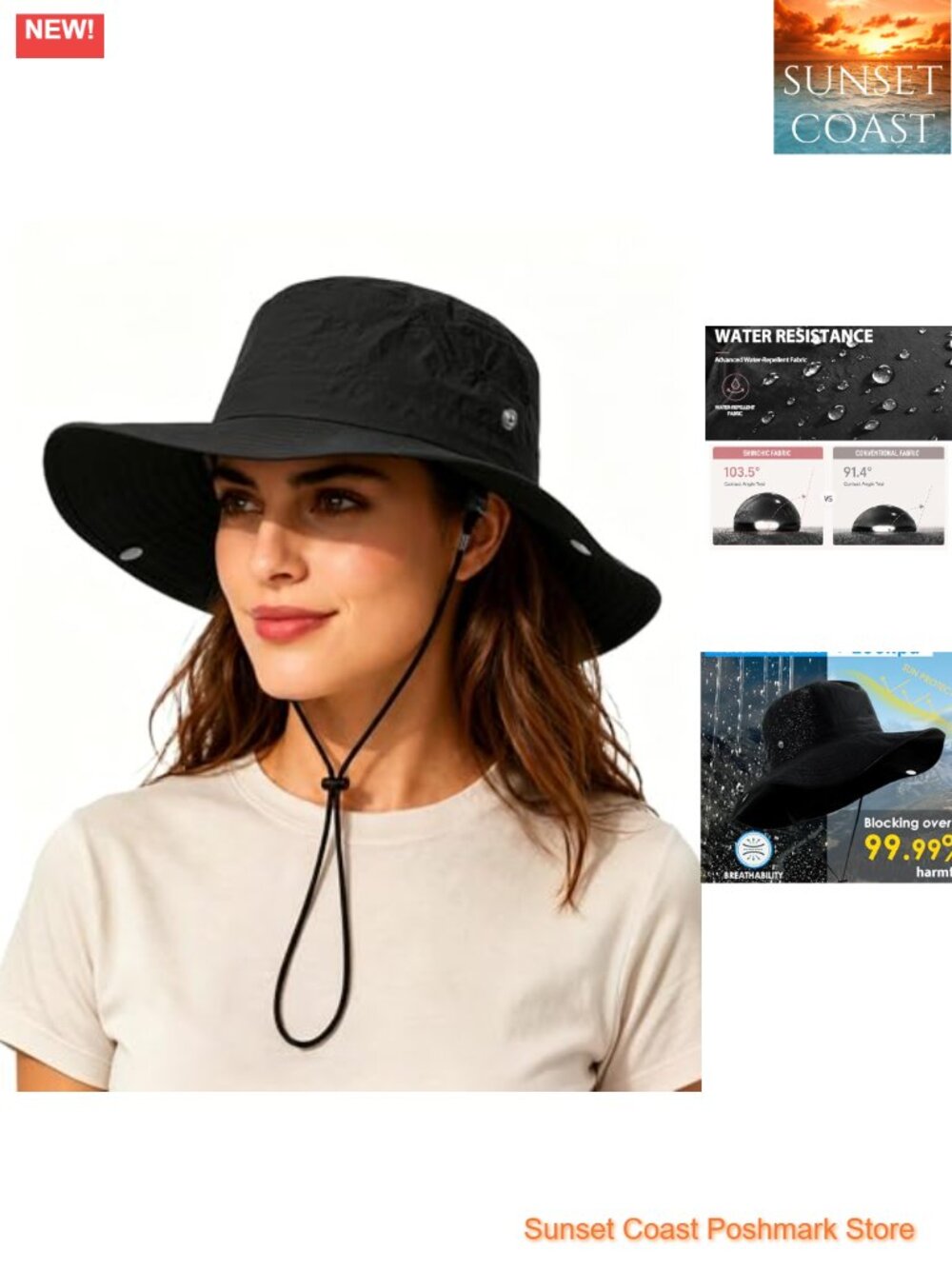 Wide Brim Waterproof Bucket Rain Hat UPF50+ Cowboy Sun Hat Nylon Floppy